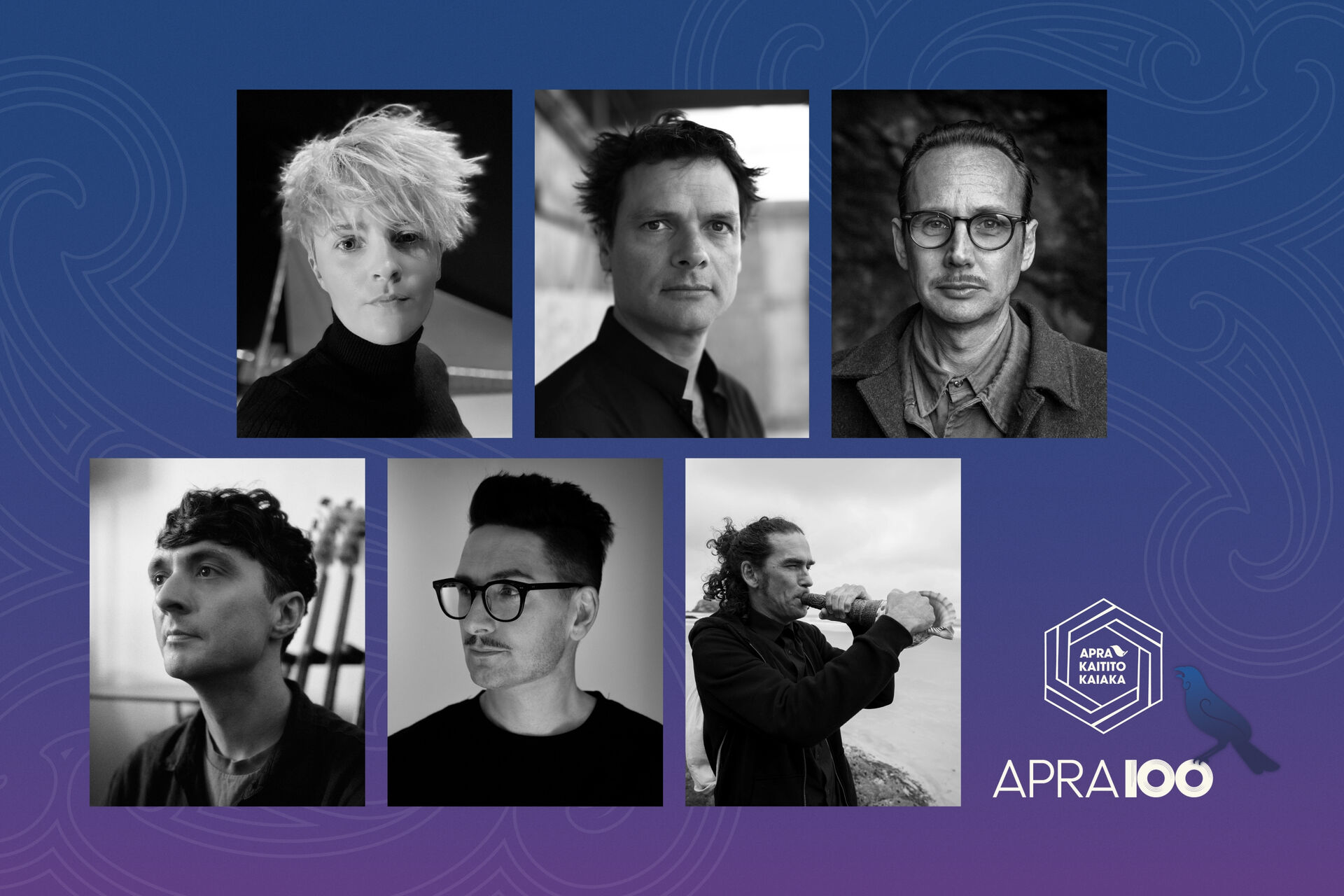 Finalists for the Aotearoa Screen Composition Awards: Claire Cowan, Jonathan Crayford, Karl Steven, Lachlan Anderson, Mahuia Bridgman-Cooper, Rob Thorne.