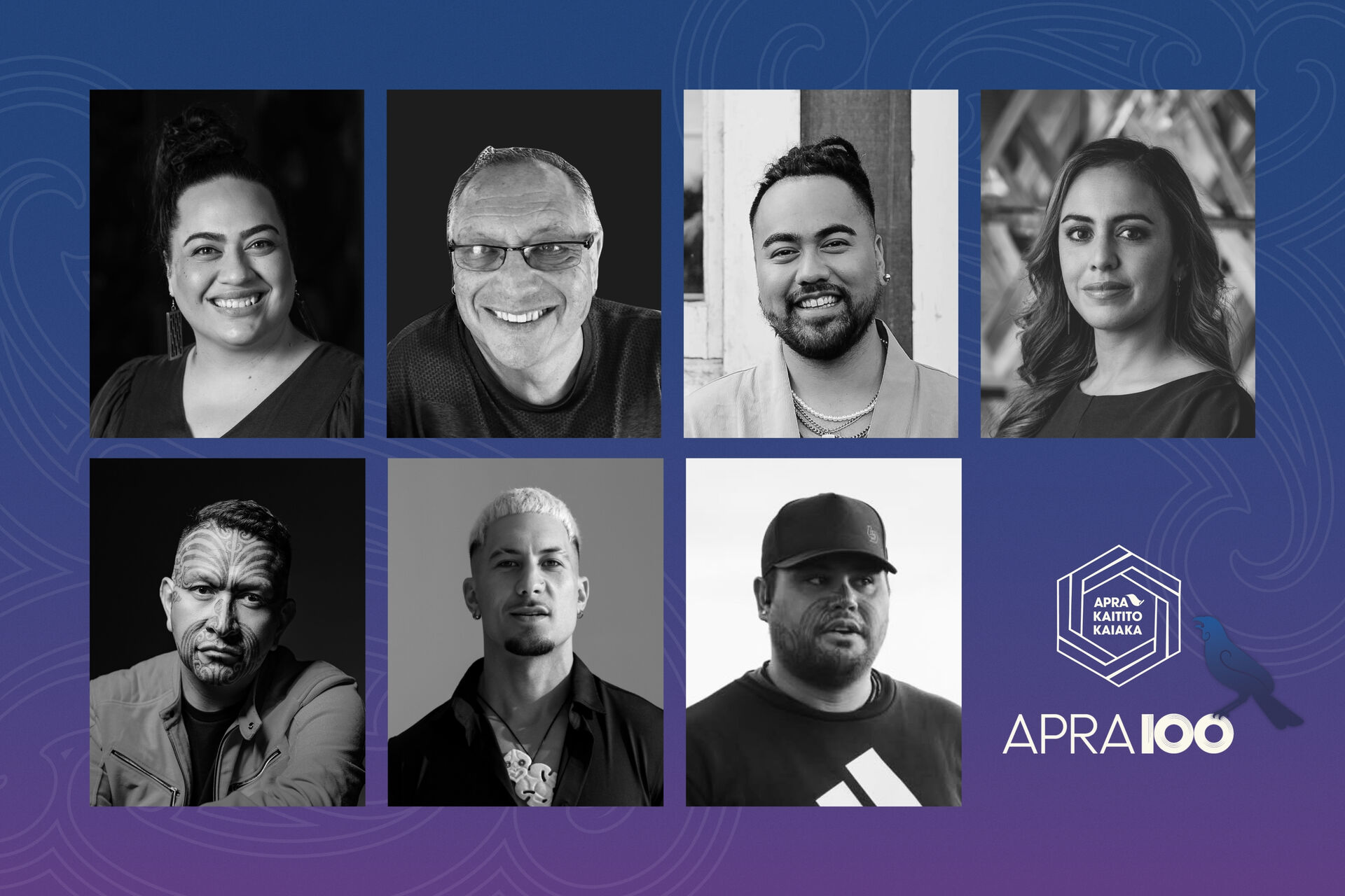 Finalists for Te Tihi o te Maunga Tito: Ani Piki Tuari, Tā Derek Lardelli, Hamiora Tuari, Dr Hinurewa Poutū, Rob Ruha, Tawaroa Kawana, Te Rauhuia Ngata